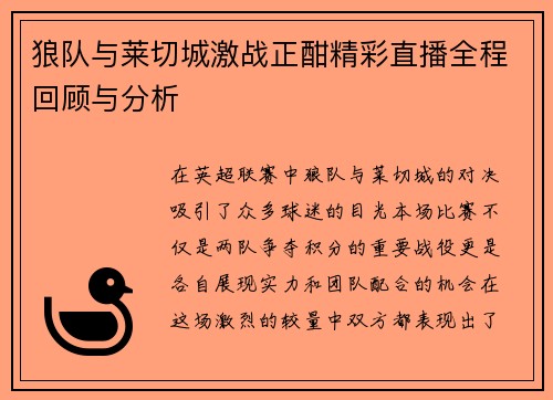 狼队与莱切城激战正酣精彩直播全程回顾与分析